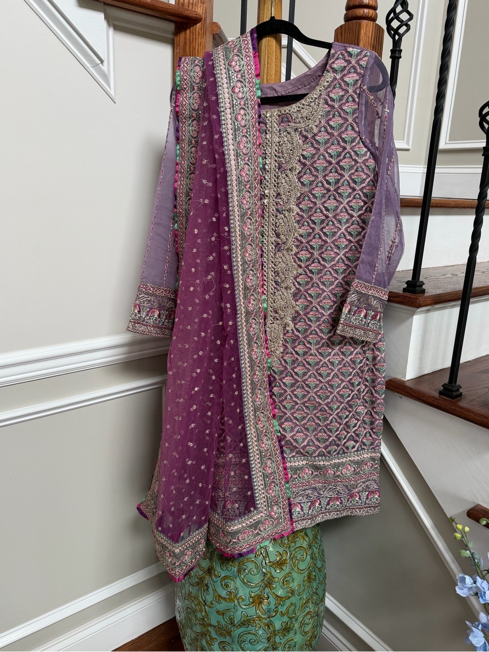 Embroidered Lavender and Plum Traditional Dress with Matching Dupatta and pants